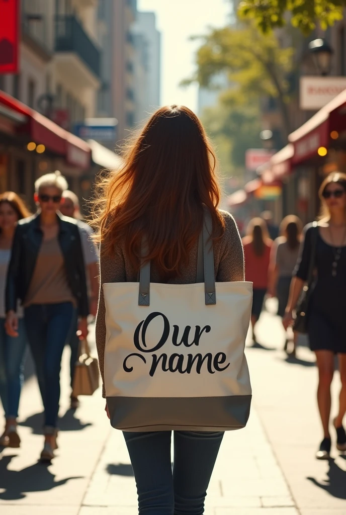 A 26-year-old woman carrying a white and gray canvas bag,Name printed on the bag