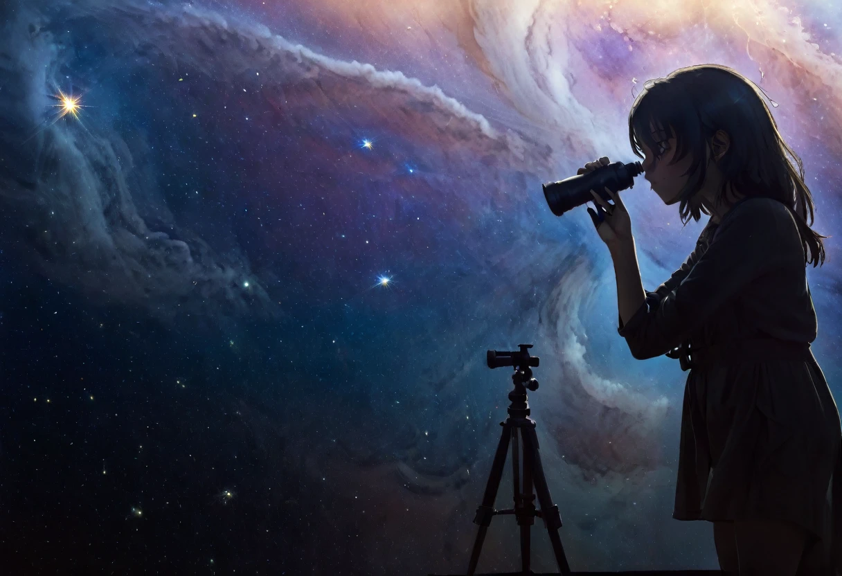 1girl, silhouette, looking through telescope, leaning forward, from side, dramatic space scene, nebula