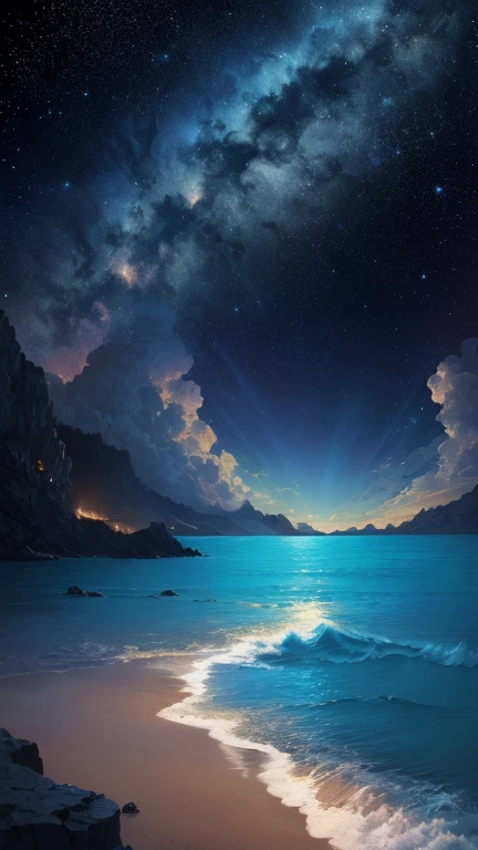 ((Highest quality)), ((masterpiece)), (detailed) ,Digital illustration of starry sky and sea in black and blue shades