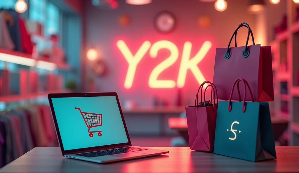 background for landing page about Y2K clohting, realistic, Y2K, margeting, E-coomerce, shopping online.