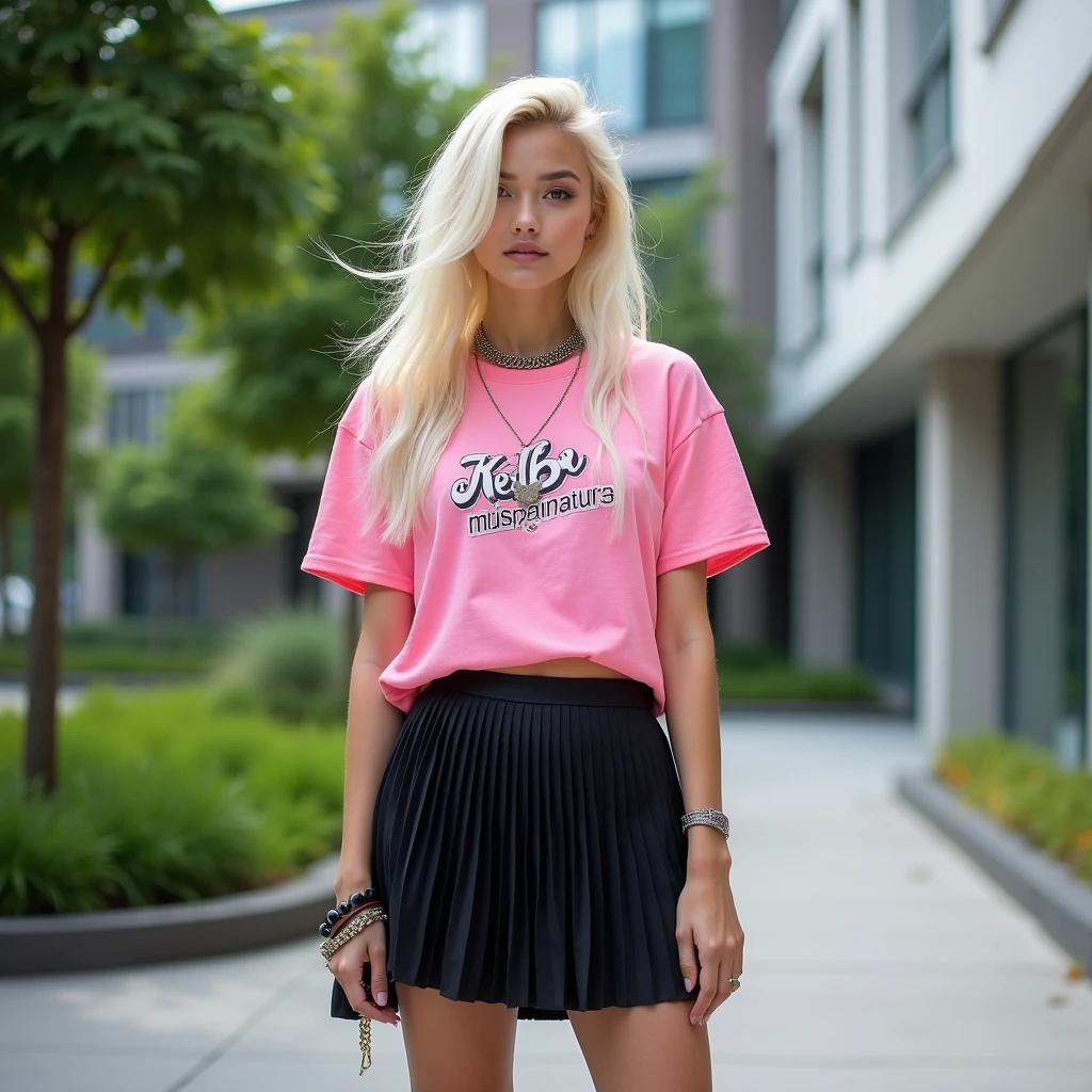 The image features a young woman standing outdoors, striking a pose that exudes confidence and style. She wears a trendy outfit consisting of a cropped pink T-shirt with a playful logo, paired with a black pleated mini skirt, and knee-high black boots. Accessorized with a chunky necklace, and styled with long platinum blonde hair flowing freely, she captures a modern, youthful fashion sensibility. The backdrop of lush greenery and contemporary architecture adds an urban yet serene atmosphere, emphasizing her chic and vibrant persona. This scene is perfect for narratives centered around fashion, youth culture, or vibrant urban life