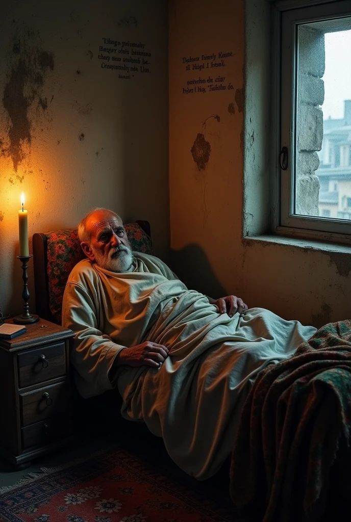A realistic image of a modern. A poor islamic old man comes ill in bed