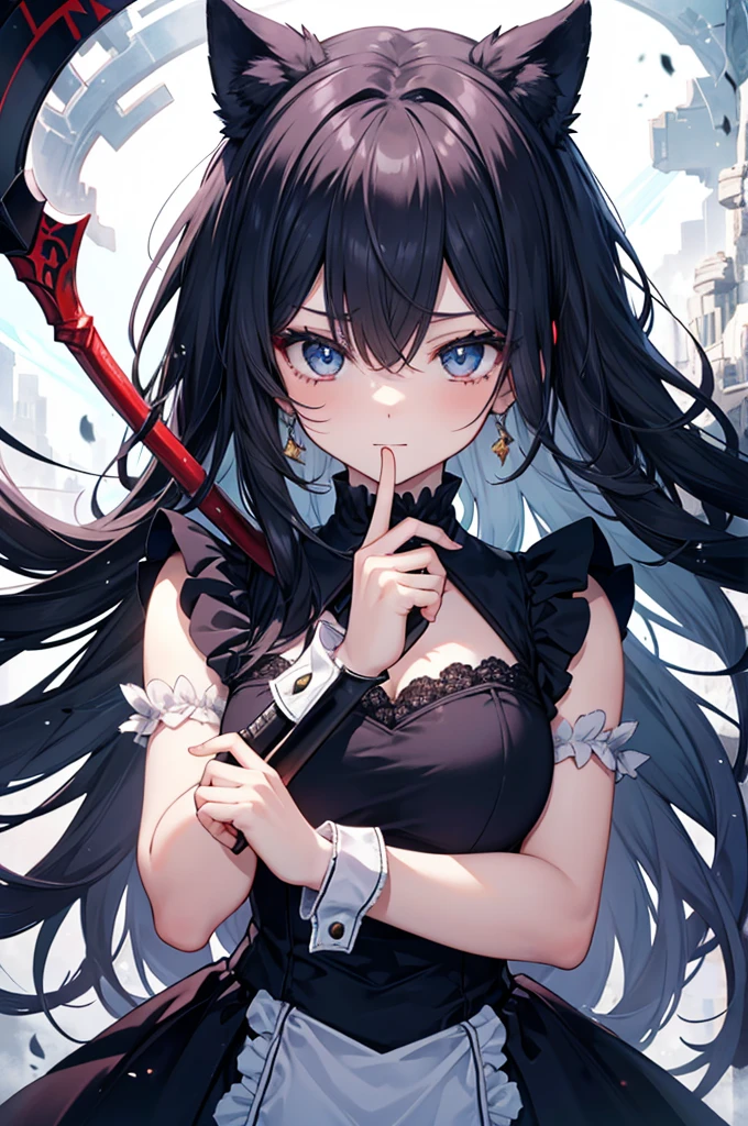 "A powerful yet cute young girl with long, jet-black hair. Her hair partially covers one of her eyes, adding a mysterious yet adorable look to her appearance. She has a clear, bright blue eye that shines with intensity but also a hint of innocence. She wears a black, elegant maid outfit with a modern twist, combining traditional elements like a white apron and lace cuffs with a darker, more armored look. Her outfit is adorned with delicate Gothic motifs, with soft, frilly details adding a touch of cuteness. She is confidently holding a weapon, such as a sleek, ornate sword or a scythe, ready for battle. The weapon is surrounded by a glowing, magical aura, crackling with energy. Her expression combines strength with a subtle smile, creating a balance of fierce determination and charm. Around her, swirling ethereal effects like glowing particles, mist, and lightning arcs add a dynamic and powerful atmosphere. The background features a stormy sky with dark clouds, yet there’s a soft glow around her, emphasizing both her powerful aura and her endearing presence."
