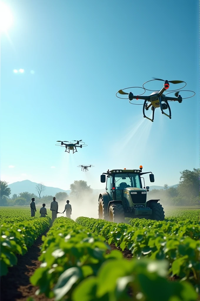 accurately spelled text "RHIFLUX SMART FARMS"), photorealistic, vibrant colors, dynamic composition, (solar powered) electro cube, innovative technology, cutting-edge design, lush farm background, clear blue sky, bright sunlight illuminating details, nature integrated, sustainable energy concept, high detail, 4K quality, African farmers farming, some African farmers spraying, drones spraying water on plants, tractor in the fields,