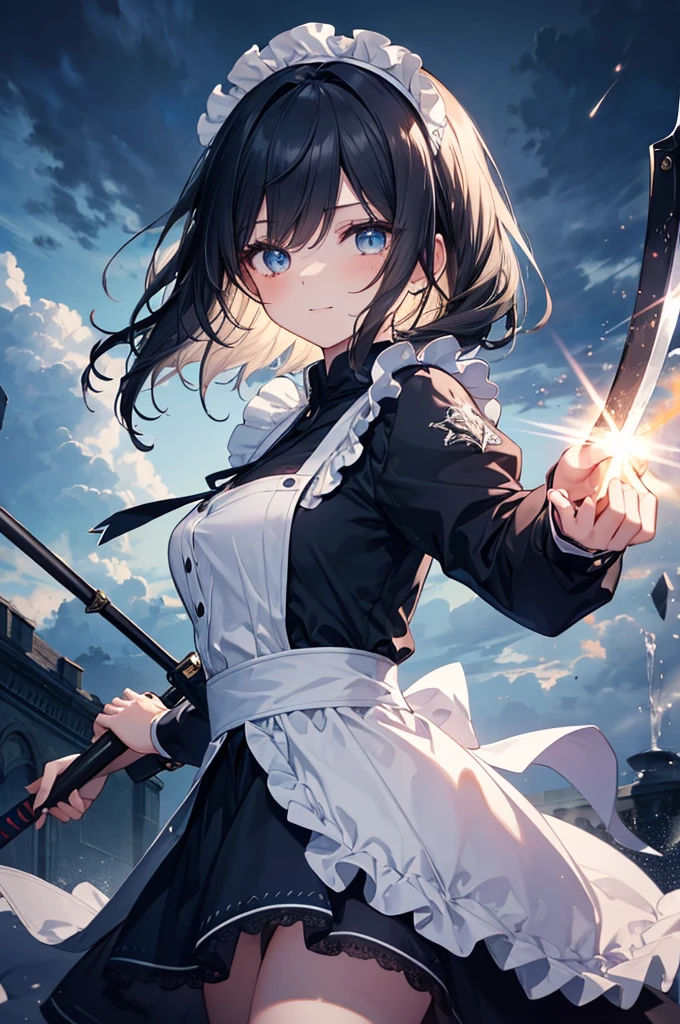 "A powerful yet cute young girl with long, jet-black hair. Her hair partially covers one of her eyes, adding a mysterious yet adorable look to her appearance. She has a clear, bright blue eye that shines with intensity but also a hint of innocence. She wears a black, elegant maid outfit with a modern twist, combining traditional elements like a white apron and lace cuffs with a darker, more armored look. Her outfit is adorned with delicate Gothic motifs, with soft, frilly details adding a touch of cuteness. She is confidently holding a weapon, such as a sleek, ornate sword or a scythe, ready for battle. The weapon is surrounded by a glowing, magical aura, crackling with energy. Her expression combines strength with a subtle smile, creating a balance of fierce determination and charm. Around her, swirling ethereal effects like glowing particles, mist, and lightning arcs add a dynamic and powerful atmosphere. The background features a stormy sky with dark clouds, yet there’s a soft glow around her, emphasizing both her powerful aura and her endearing presence."