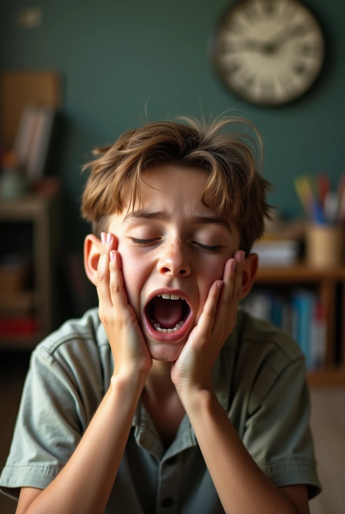 Sleeping 13 year old boy's mouth opened by teacher , scene: close to mouth . Teacher use two hands to open boy's mouth