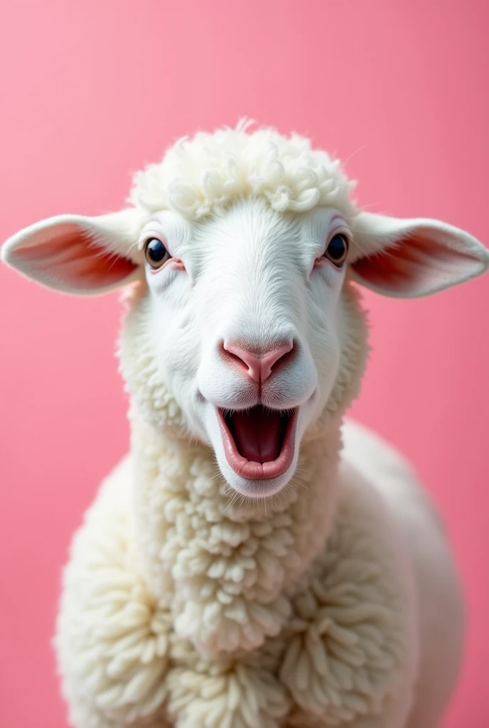 A close-up of a white sheep with a surprised expression, featuring its mouth open in an 'O' shape and wide, dark eyes. The sheep's soft, woolly fur is finely detailed, and its ears stand upright, enhancing the sense of shock. The background is a bright pink color, providing a vivid contrast to the white wool. The overall composition is vibrant and focused entirely on the sheep’s expressive face, creating a playful and eye-catching image.