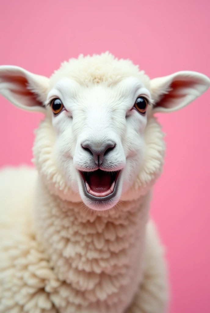 A close-up of a white sheep with a surprised expression, featuring its mouth open in an 'O' shape and wide, dark eyes. The sheep's soft, woolly fur is finely detailed, and its ears stand upright, enhancing the sense of shock. The background is a bright pink color, providing a vivid contrast to the white wool. The overall composition is vibrant and focused entirely on the sheep’s expressive face, creating a playful and eye-catching image.