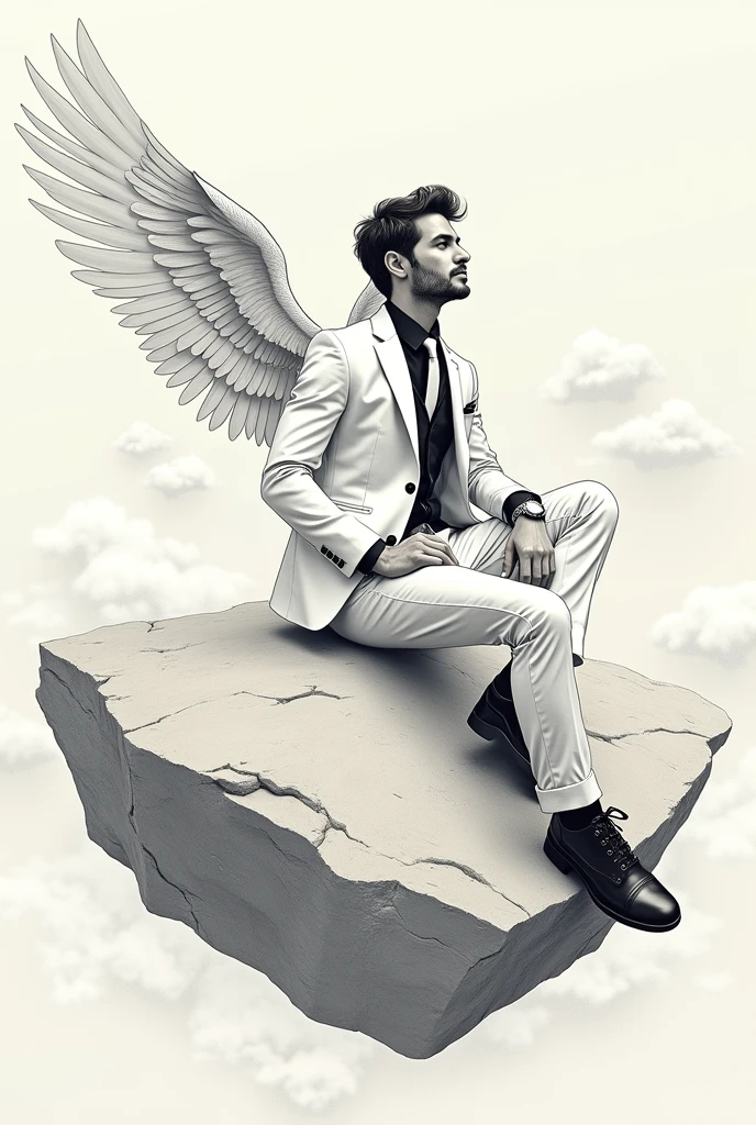 make me an uncolored sketch of a man in simple drawing style wearing a white suit, black shirt and white tie sitting on a floating rock with a wing on his back