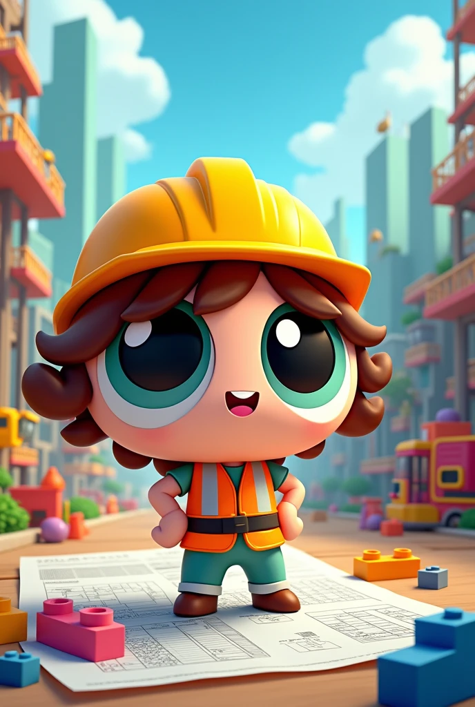 Acorn with curly hair powerpuff girls as a civil engineer 