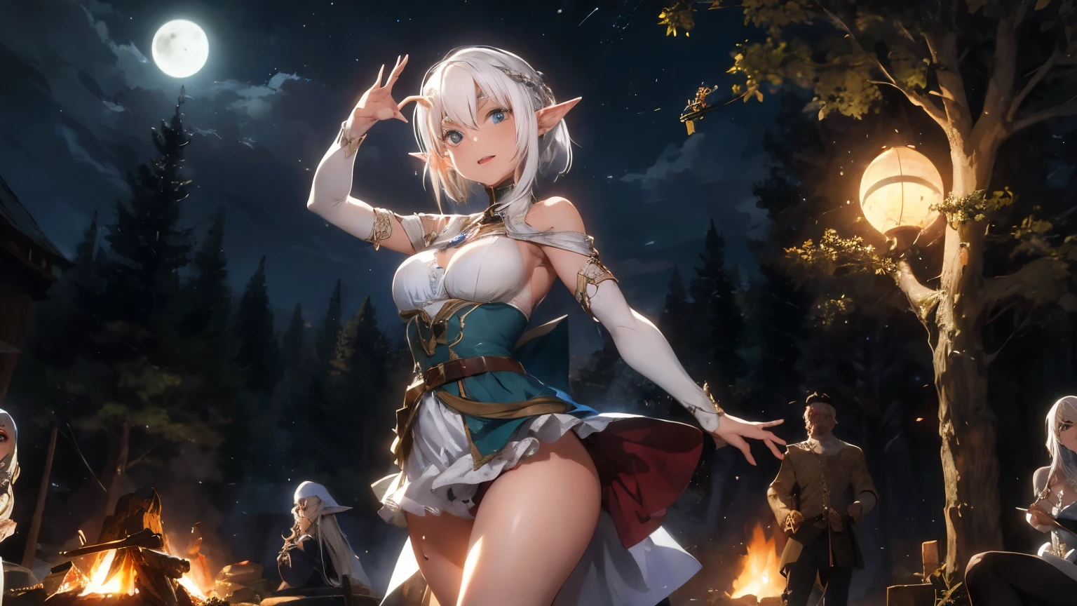 sexy elf woman with white hair, wearing medieval dress having fun dancing around the campfire with crowd under the moon light at the center of medieval forest at midnight.