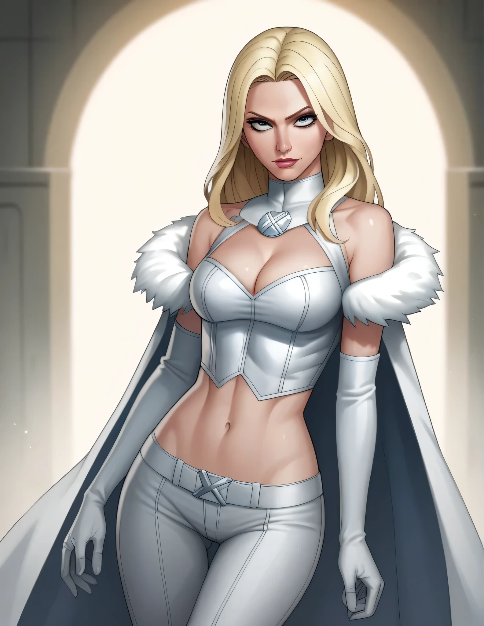 score_9, score_8_up, score_7_up, score_6_up, score_5_up, score_4_up, source_anime,((EF_WntXM_SDXL)), gorgeous emma frost female, beautiful eyes, seductive ,intense gaze,seductive expression,soft lighting,hentai, safe,medium breasts, Emma Frost, midriff, cape, bare shoulders, cleavage, thigh highs, gloves,pants,all white ,(X-MAN)Anime Style, High Details, HD, High Quality,(MARVEL),