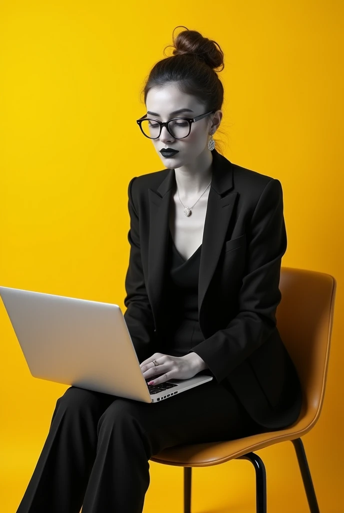 A women with classy look with laptop showcasing her skills full black and white without background with yellowish tint or temperature.
