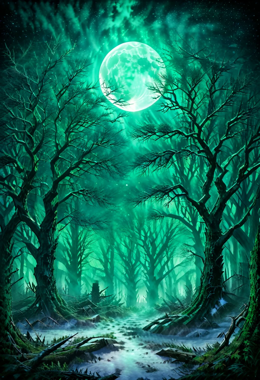 (Only the tops of the trees and the full moon are visible.) A close-up of a snow-covered forest under the moonlight. A massive blizzard. Distorted trees with bizarre shapes and many branches. ( Look from the bottom up) close up (Only the tops of the trees and the full moon are visible.) Heavy snow, moonlight filtering through the gaps in the trees. High dynamic range, Ultra high quality, Tyndall effect. Blue-green mist layers, abundant and luminous moon. Eerie atmosphere. Dense fog pervades the surroundings. The misty environment conveys a sense of mystery and suspense. Breathtaking. Tyndall effect. Ethereal glow. Detailed depiction. surreal. Dreamlike world. Sharp focus., Limit depth for writing, Best shadow, Perfect light, High Dynamic Range, Realistic textures, Ultra-detailed background wide-angle shots