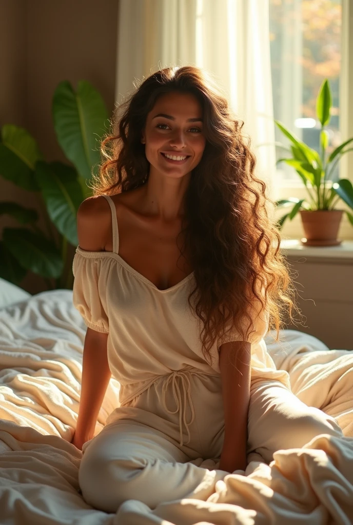 (photorealism:1.2), beautiful woman, sitting on bed, wearing loose off-shoulder top, pajama pants, long curly hair, indoors, soft lighting, plants in background, window with sunlight, cozy room, relaxed pose, realistic, intricate details, warm colors, by Greg Rutkowski, by Alphonse Mucha