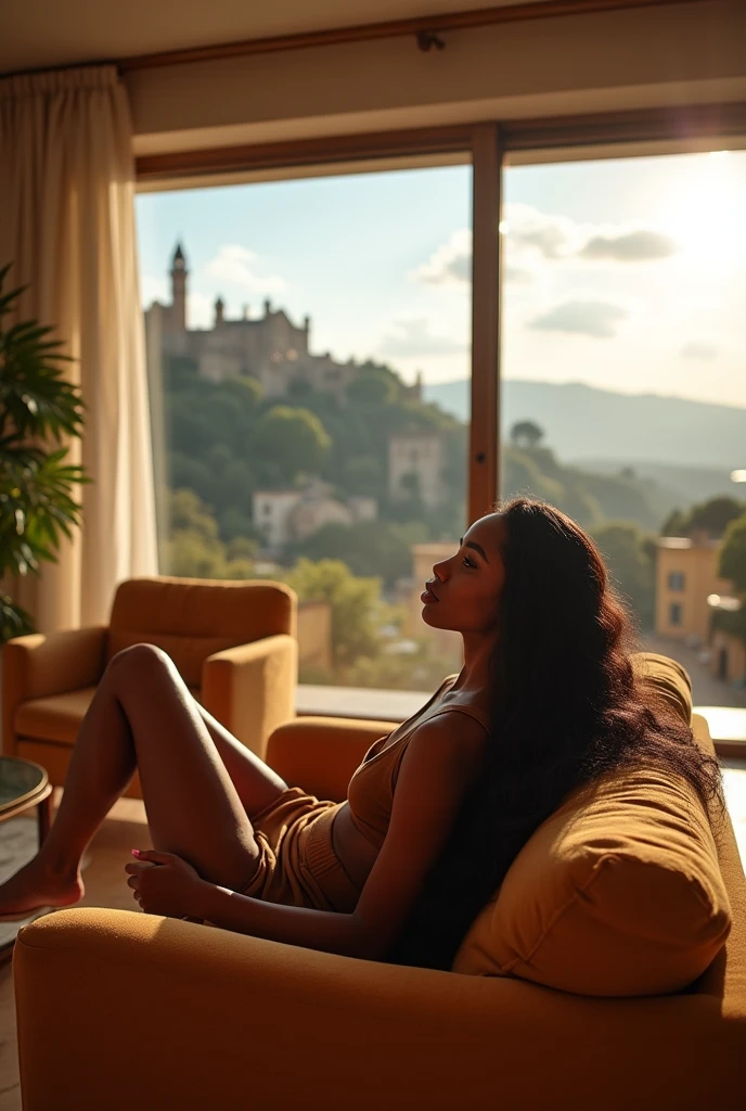 african girl, 19 ans, long black hair, sitting in a large luxury modern living room, tan furniture, dark lighting, day, panoramic view of italy out of the window, wearing pacsun