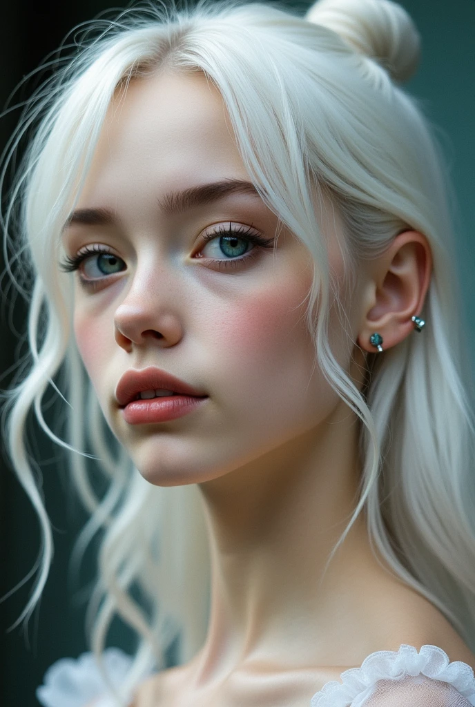 A young male ballet dancer
white long hair 
left eye pupil color: emerald blue
White Skin 
White eyelashes
White eyebrows 

Has some ear piercings