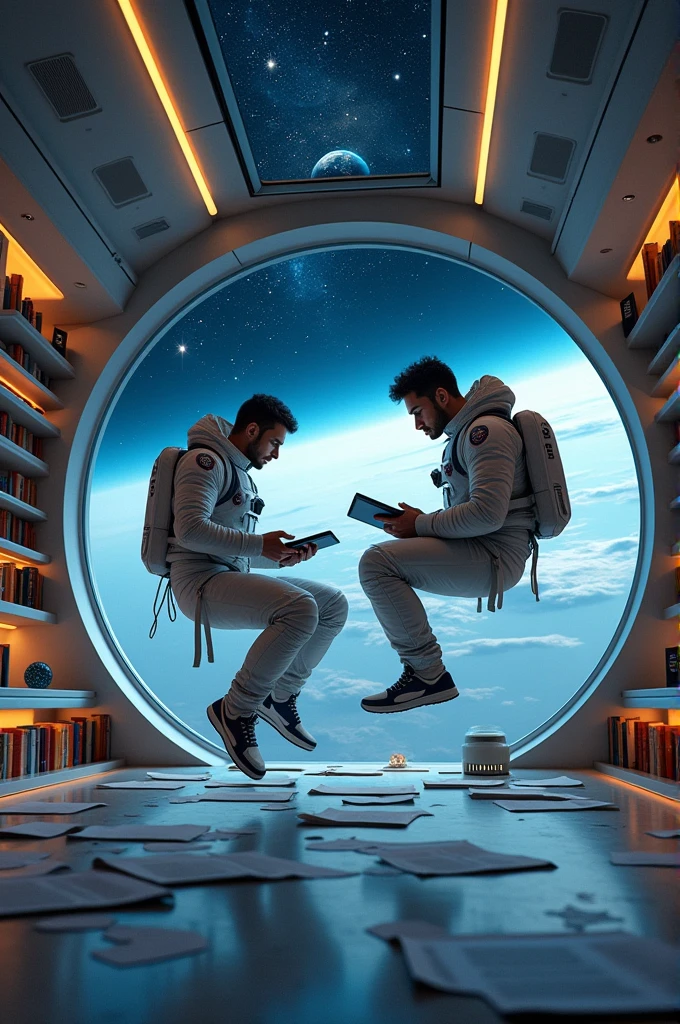 Men writing book in space