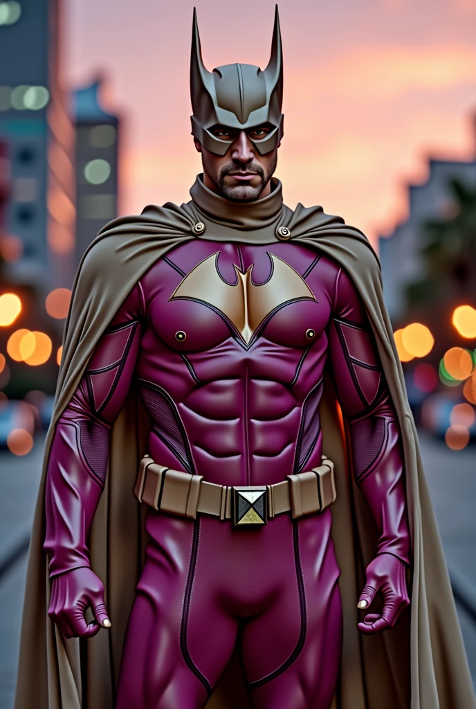 Man wear dark pink beige costume . Bat helmet dark beige. Pink armor suit. Triangle emblem on chest. Beige cape. Endomorph body type. Man. Rich guy. 