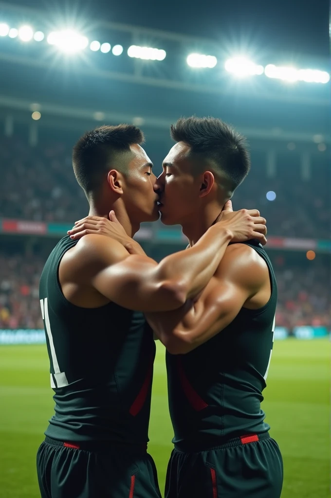 Asian young rugby player A and Asian rugby player B。A has a buzz cut and dark skin、Muscular。Wearing sleeveless rugby uniforms。B has short hair and is a muscular jock。A and B kissed after a rugby match.、Touching each other's crotches