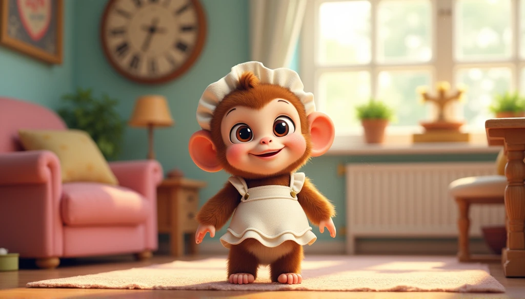 Fluffy little monkey, smile, Big eyes, Wear a maid's outfit, Standing phone, In the house, Snes drawing