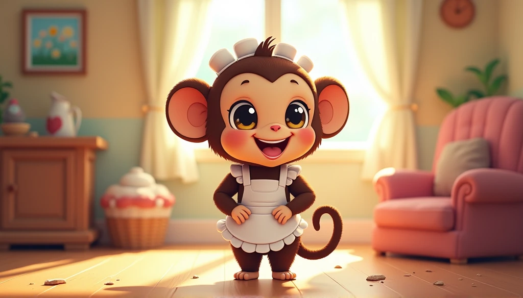 Fluffy little monkey, smile, Big eyes, Wear a maid&#39;s outfit, Standing phone, In the house, Snes drawing