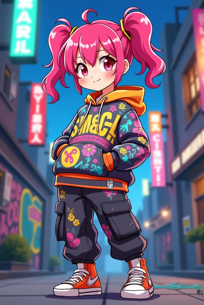 cute anime character girl, Anya from Spy Family, great style, baggy hip-hop fashion