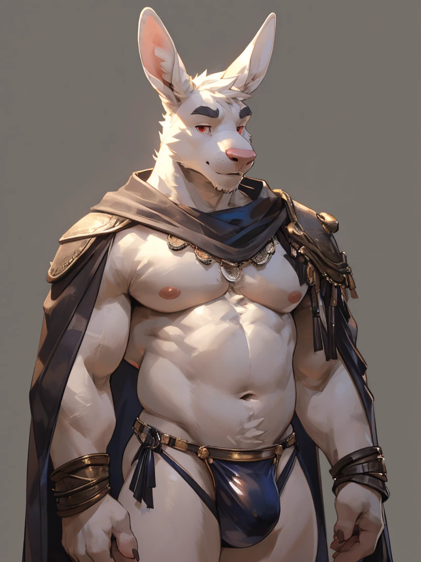 Solo, male, albino kangaroo, in one color tone, with long ears, in gladiator shoulder cape, navel showing, in fancy gladiator leather thong, chest, big chest view, ((focus body, furry focus, shades focus, body shades)) (((gray background, gray wallpaper, one color))), by darkgem, by mystikfox61, by glitter trap boy, albino, all white fur, red eyes, pink nose, navel, bulge, full body view, kangaroo tail, no abs, flat belly