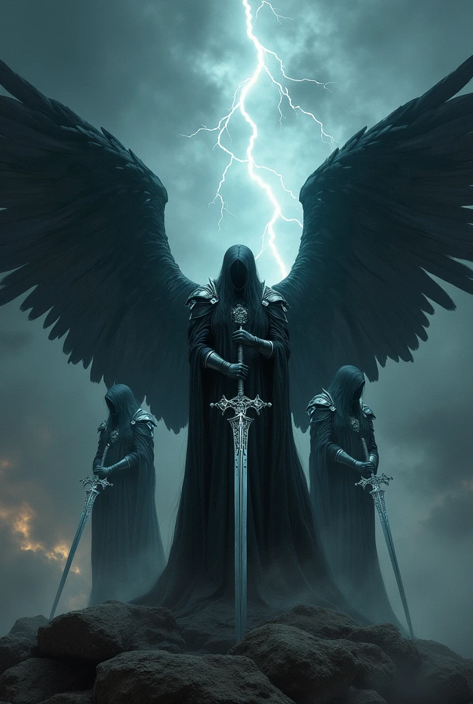 Black Angels with swords very tall