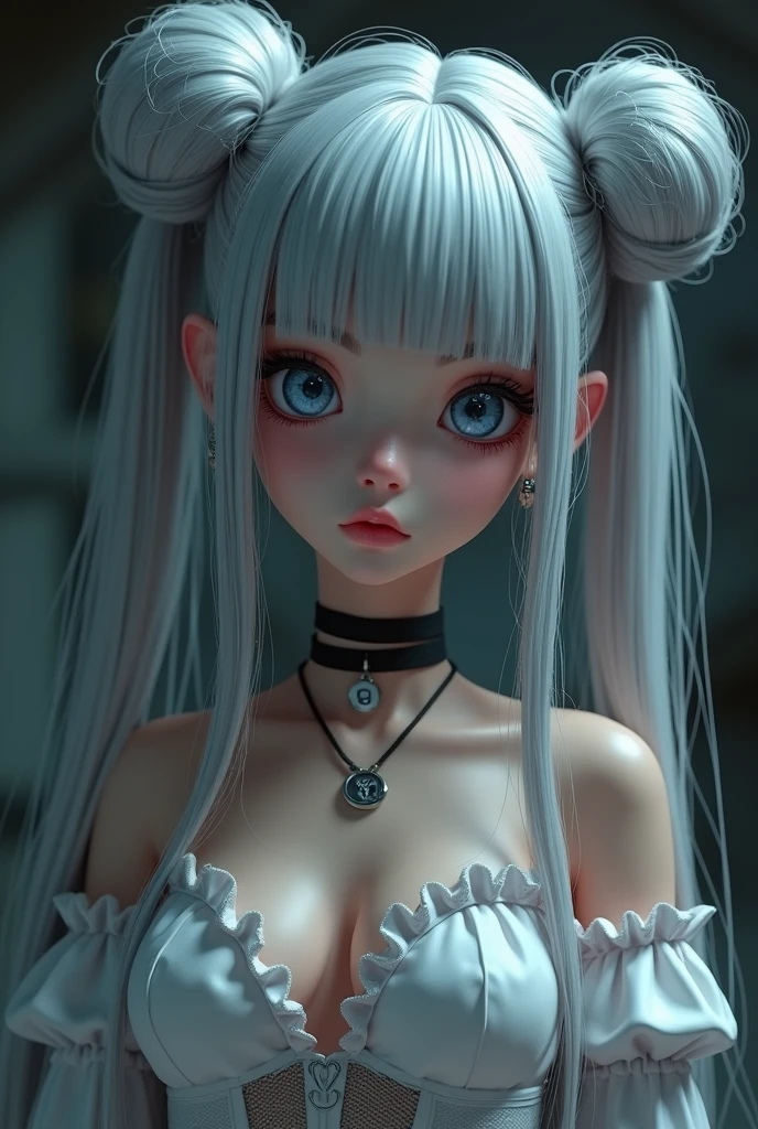 cute magical girl, (double bun, blunt bangs, silver straight long hair), amorous and lewd face, make-up, blue eyes, great proportion, white gothic bare top dress, choker, background dimly lit basement, (ultra detailed, absolutely resolution, best quality:1.3), 2.5D, delicate and dynamic, artistic photography, hyper realistic, graphic CG digital 3d render-style art