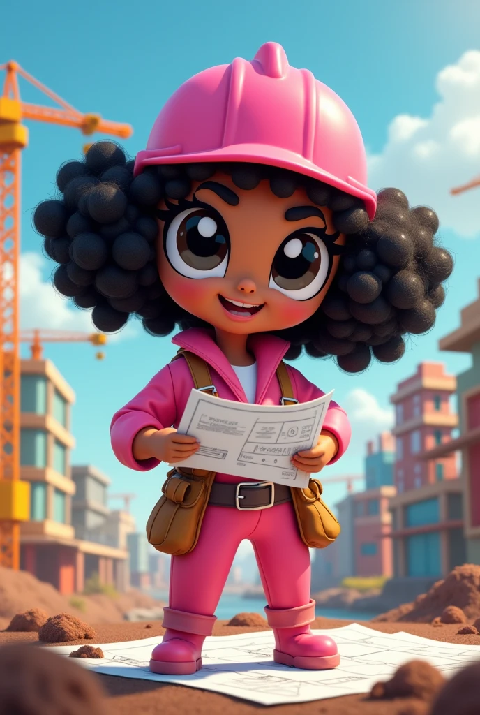 Acorn with black curly hair powerpuff girls as a civil engineer wearing pink color