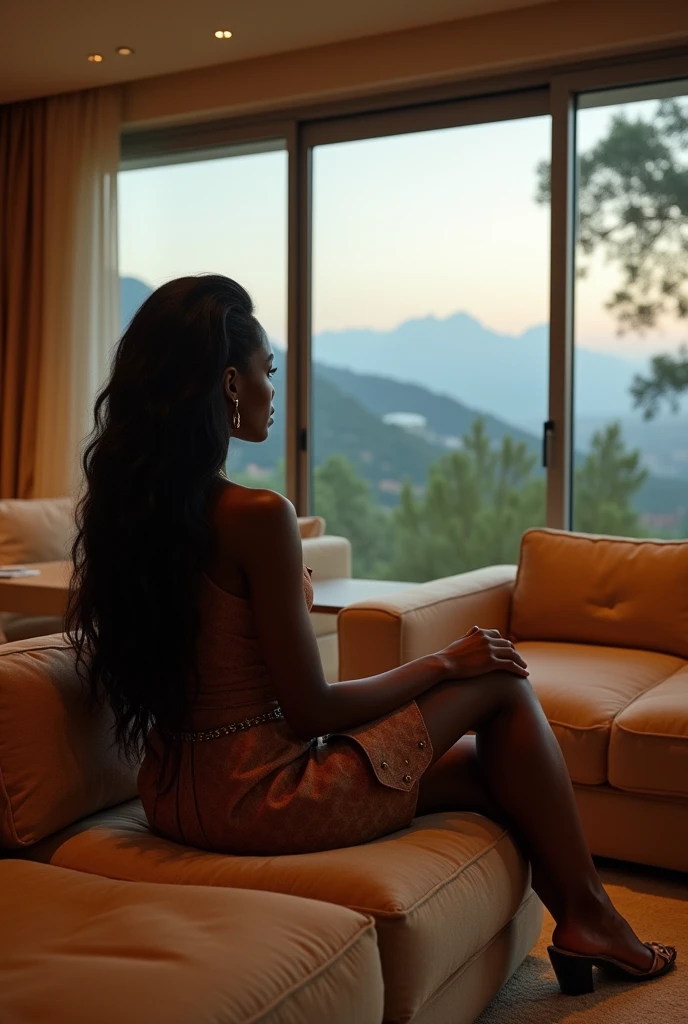 african girl, 19 ans, long black hair, sitting in a large luxury modern living room, tan furniture, dark lighting, day, panoramic view of italy out of the window, wearing gucci
