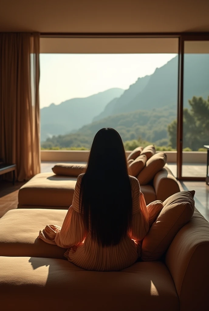 african girl, 19 ans, long black hair, sitting in a large luxury modern living room, tan furniture, dark lighting, day, panoramic view of italy out of the window, wearing gucci