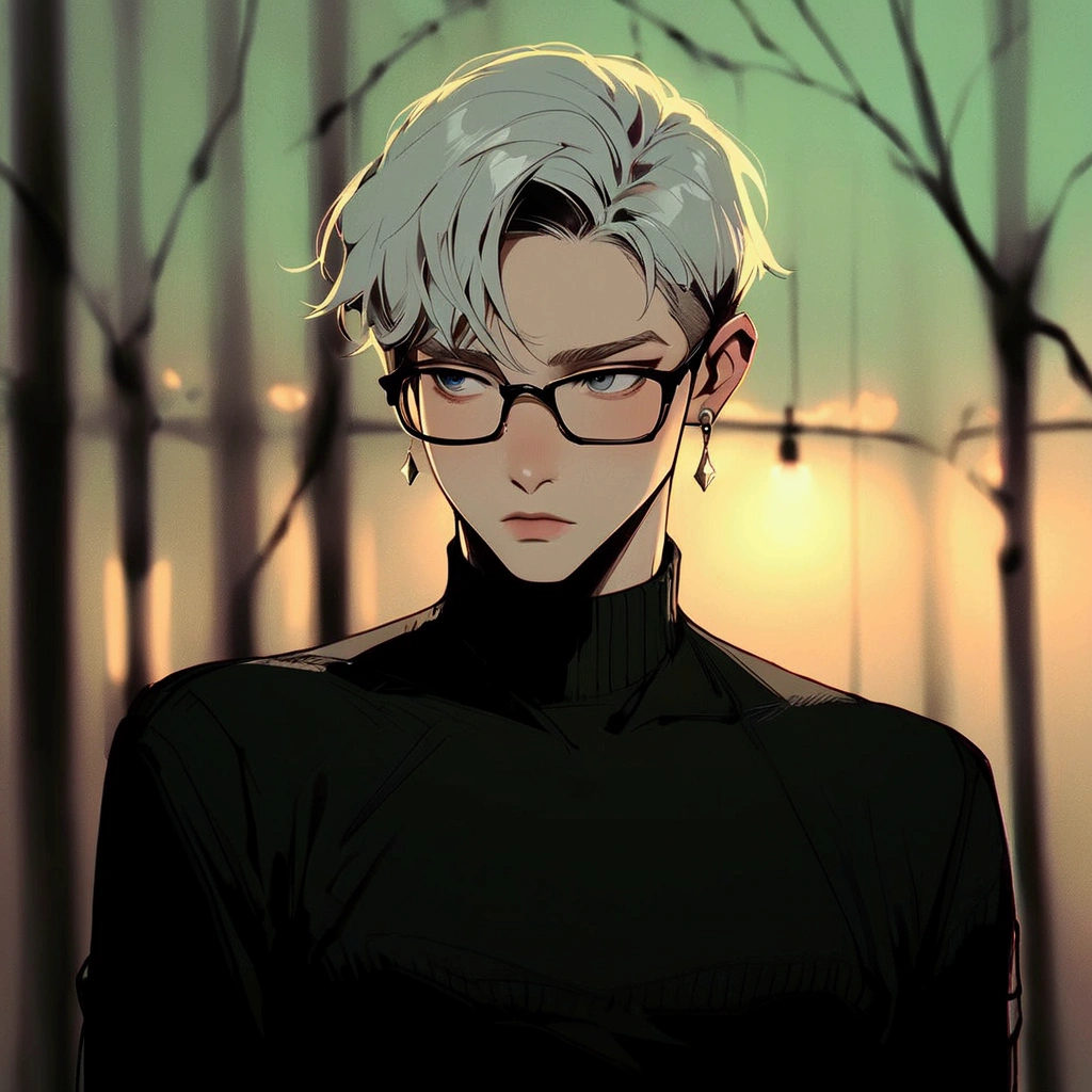 score_9, score_8_up, score_7_up, score_6_up, gthan, a young boy wearing a stylish black turtleneck and a matching black coat. He has small, silver earrings in both ears and a couple of rings on his fingers. He also wears sleek, modern glasses. The background is intentionally blurred, emphasizing the boy's cool and composed appearance, with soft, out-of-focus lights in the distance to give a sense of depth and a subtle urban vibe.