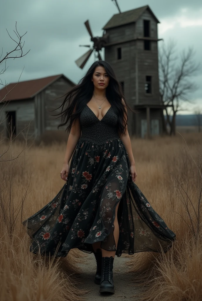 ((best quality)), ((masterpiece)), (detailed), Professional portrait, a curvy Asian woman with long black hair, wearing a black floral dress, wearing  boots, walking in the middle of dry weeds, a large old unkempt mill is visible, there is a dark cloudy sky, giving a cloudy atmosphere in the afternoon