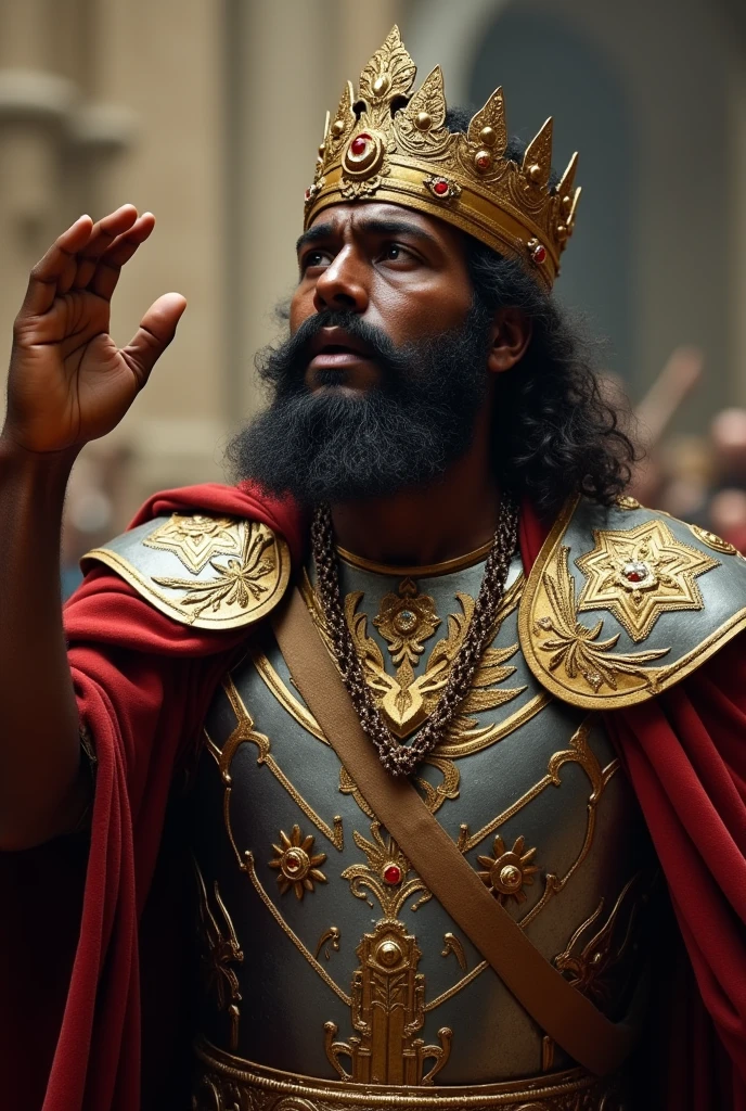 King abijah from bible lifting and crying out to God make him look more like a king ready for war- no background full image of king