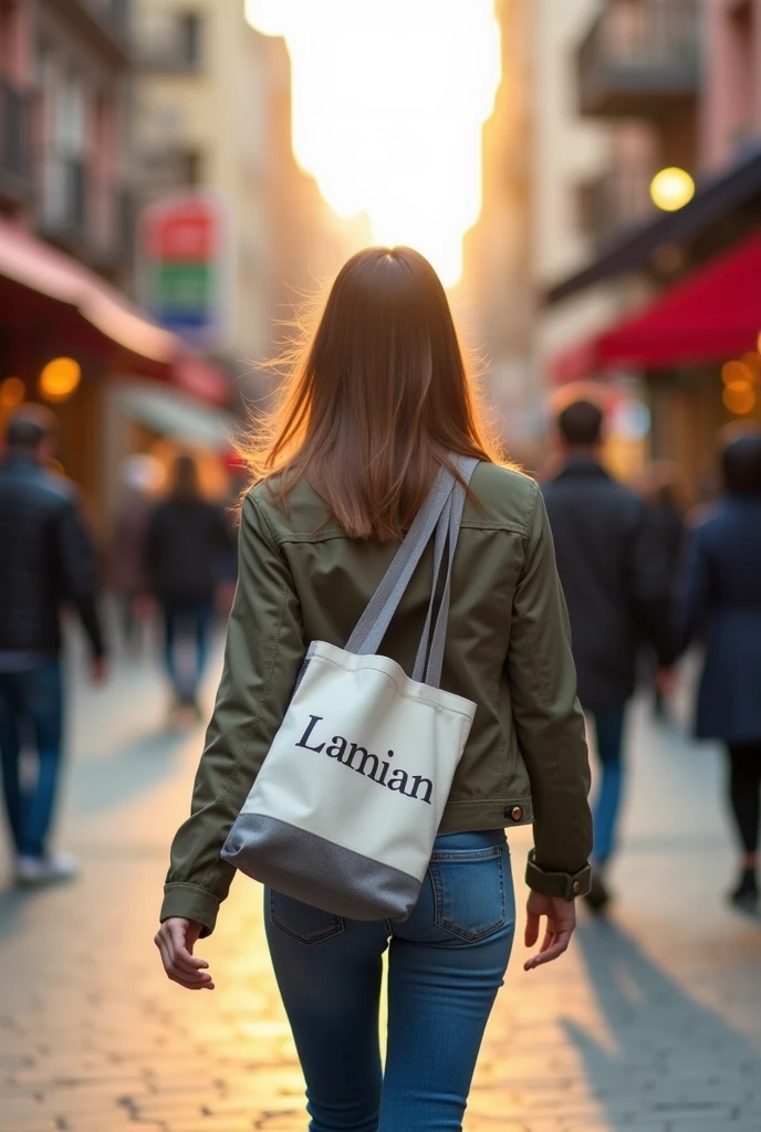 A 26-year-old woman carries a medium-sized white and gray canvas bag over one shoulder.,Name printed on the bag