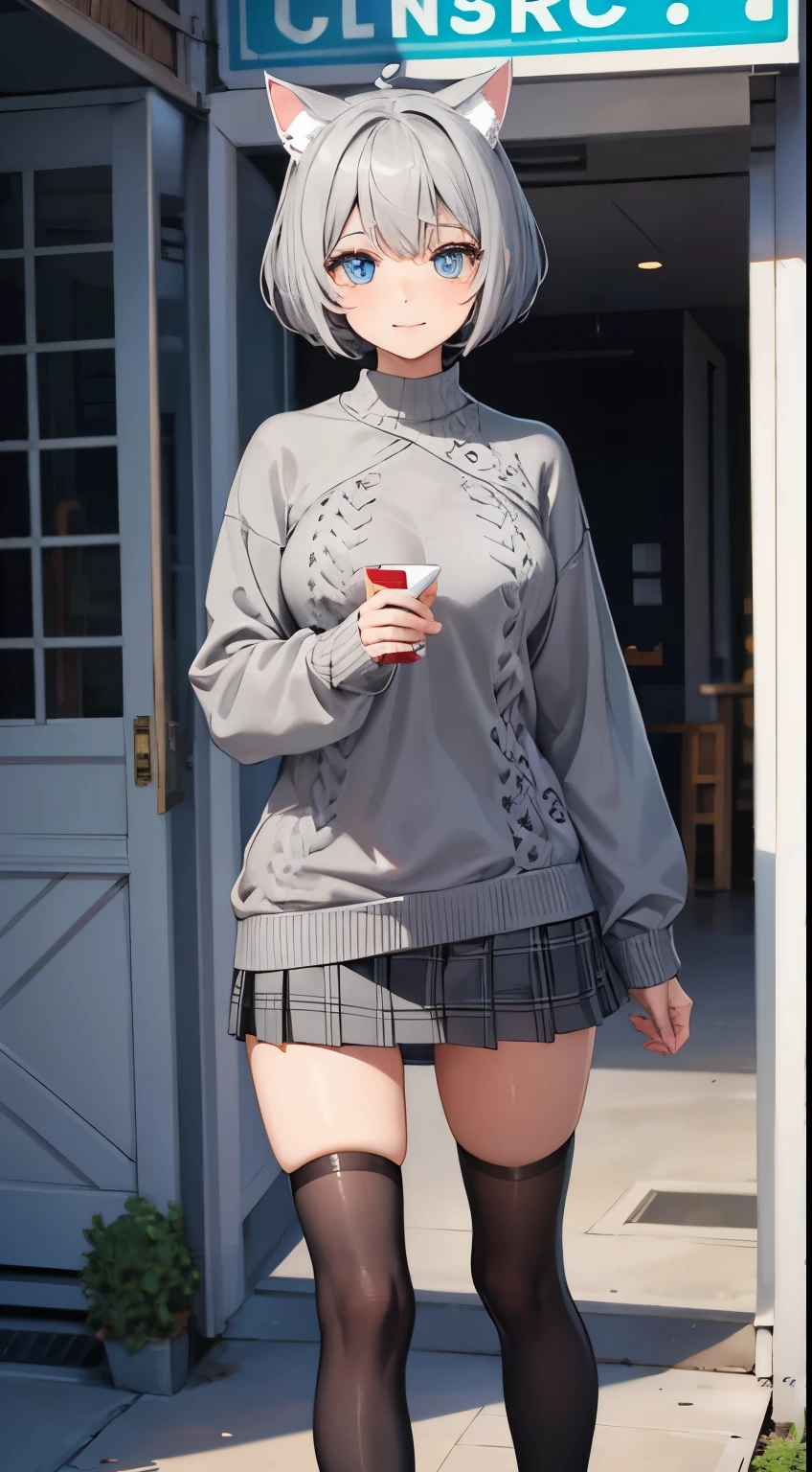 (masterpiece), (best quality), (High quality), BREAK, expressive eyes, perfect face, 1girl, (grey cat ears: 1.5), BREAK, (medium hair, grey hair, pixie cut), BREAK, (big eyes, perfect eyes, blue eyes, thick eyelashes), BREAK, (thin eyebrow), BREAK, (short height), slim bulid, BREAK, shy smile, BREAK, (medium breasts), BREAK, (grey sweater: 1.4, very thight fit: 1.6), (black and white checkered miniskirt: 1.4), BREAK, (standing, contrapposto), full body, view from front: 1.5, (city background), looking at the viewer