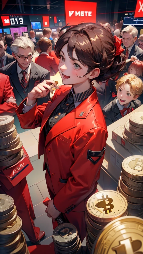 a group of boys and girls in stock market, wearing red suits in suits, laughing while holding mobile phones in stock market, stock market growing up, surrounded by flying coins and Bitcoin