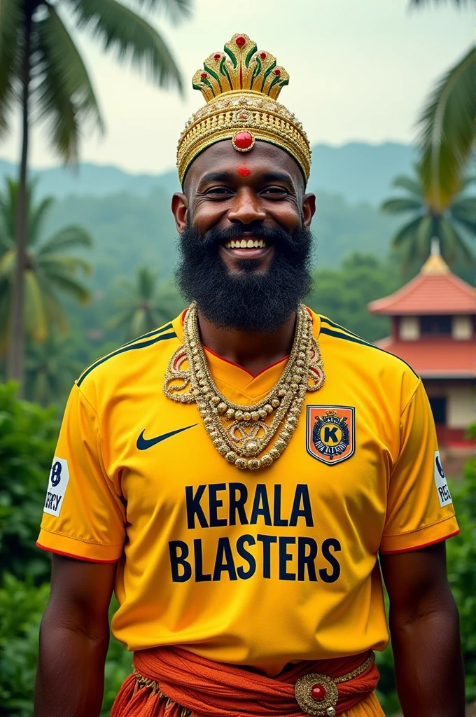 Generate an image of Maveli, the legendary king from Kerala, depicted in traditional attire but wearing a Kerala Blasters football jersey. Maveli should have his iconic crown and traditional ornaments. The jersey should be bright yellow, matching the official Kerala Blasters colors, with the team logo prominently displayed on the chest. Maveli should be smiling warmly, embodying the festive spirit of Onam. The background can feature elements of Kerala's cultural heritage, such as lush green landscapes, coconut trees, or a traditional Kerala home."

This description should guide the AI to create an image that blends tradition with a modern twist.







