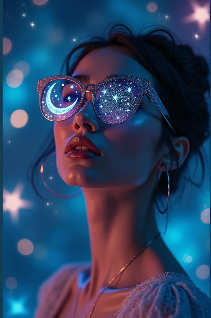 The model is wearing glass sunglasses with stars and the moon on the glass