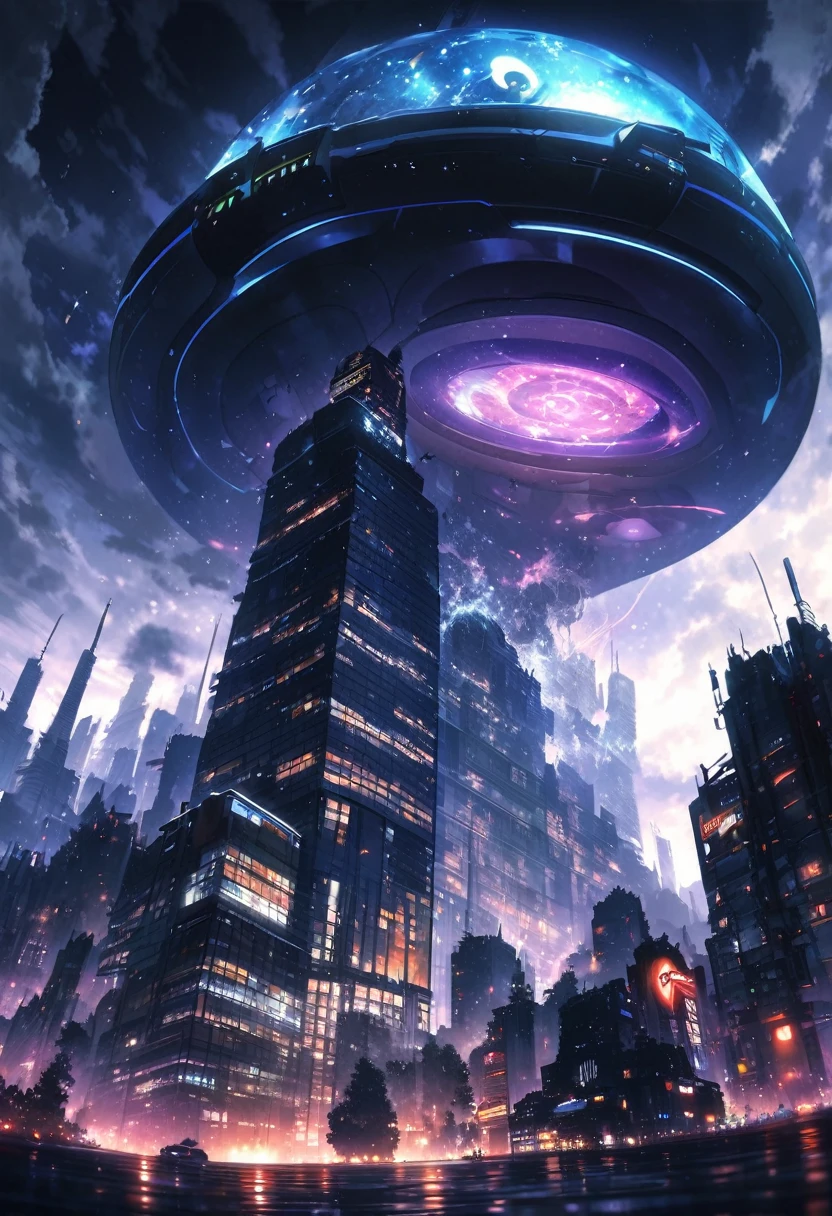 Pokemon、Jibacoil、Floating in the night sky、Emerging from between the skyscrapers、UFO-like、There is thunder