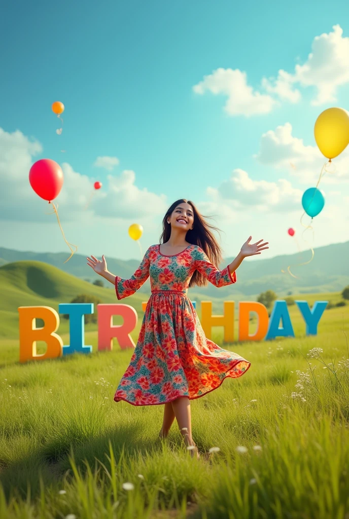 Happy Birthday background written landscape photo with a 20 years old girl wearing kurti