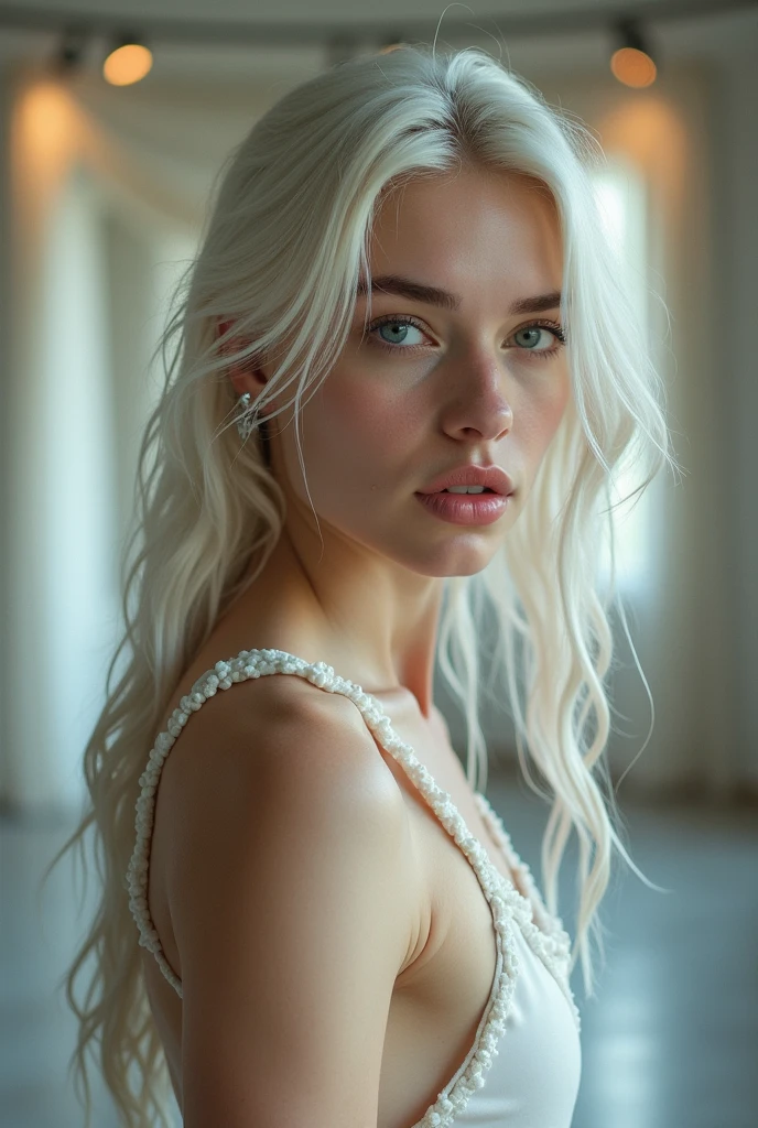 A young male ballet dancer
Gender: male
white long hair 
left eye pupil color: emerald blue
White Skin 
White eyelashes
White eyebrows 

Has some ear piercings