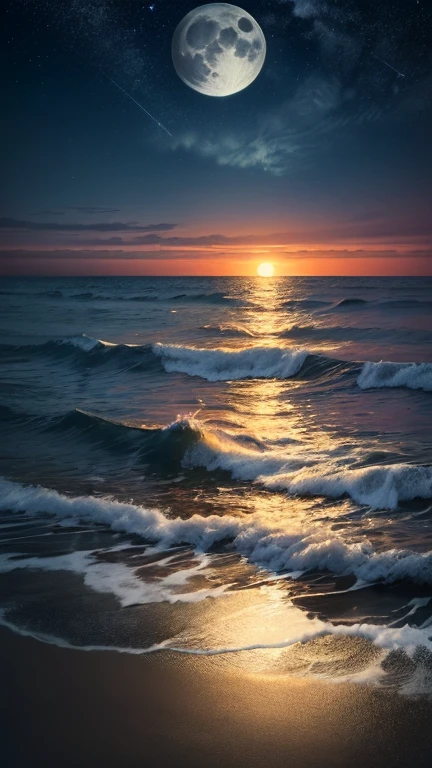Under the gentle glow of the full moon, The calm sea stretches to the horizon. The moonlight casts a silvery glow on the gentle ripples on the water., Creates a shimmering path that appears to lead to the moon itself. Gentle waves crash on the shore, Whispering secrets in the night. In the distance, Silhouettes of small islands and rocks break the smooth lines of the horizon. The sky is clear, Stars studded like diamonds. This calm night view of the sea、It exudes a calm and quiet beauty., Inviting contemplation and a sense of wonder.
