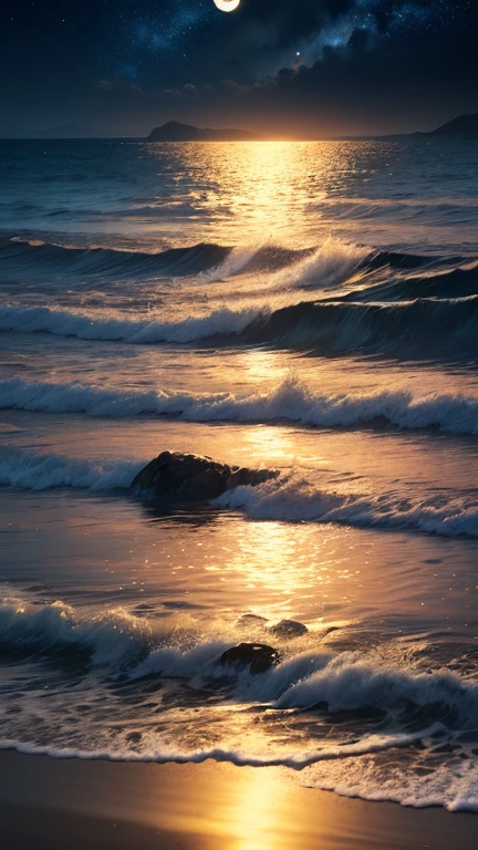 Under the gentle glow of the full moon, The calm sea stretches to the horizon. The moonlight casts a silvery glow on the gentle ripples on the water., Creates a shimmering path that appears to lead to the moon itself. Gentle waves crash on the shore, Whispering secrets in the night. In the distance, Silhouettes of small islands and rocks break the smooth lines of the horizon. The sky is clear, Stars studded like diamonds. This calm night view of the sea、It exudes a calm and quiet beauty., Inviting contemplation and a sense of wonder.