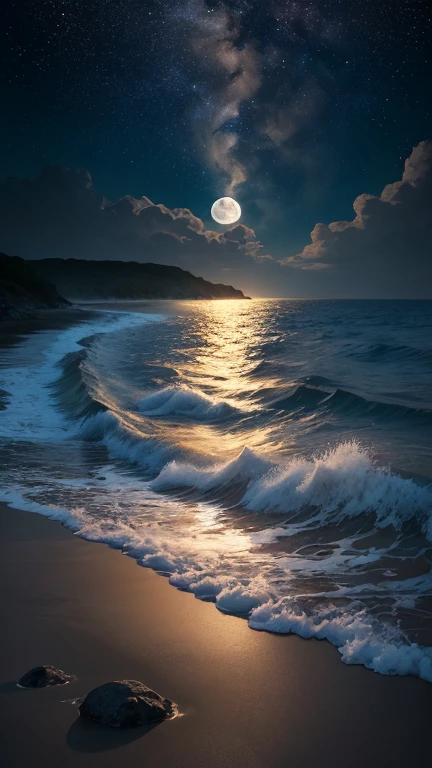 Under the gentle glow of the full moon, The calm sea stretches to the horizon. The moonlight casts a silvery glow on the gentle ripples on the water., Creates a shimmering path that appears to lead to the moon itself. Gentle waves crash on the shore, Whispering secrets in the night. In the distance, Silhouettes of small islands and rocks break the smooth lines of the horizon. The sky is clear, Stars studded like diamonds. This calm night view of the sea、It exudes a calm and quiet beauty., Inviting contemplation and a sense of wonder.