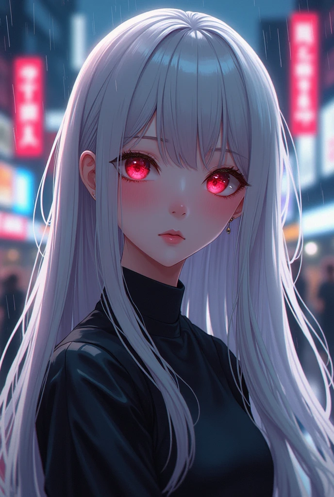 masterpiece, best quality, extremely detailed, cinematic lightning, intricate detail, highres, official art, finely detailed beautiful face and eyes, high resolution illustration, 8k, depth of field, bokeh, solo, 1girl, a girl with white hair and red eyes, long white hair, beautiful eyes, beautiful landscape, rainy city, upper body, looking at viewer, close up