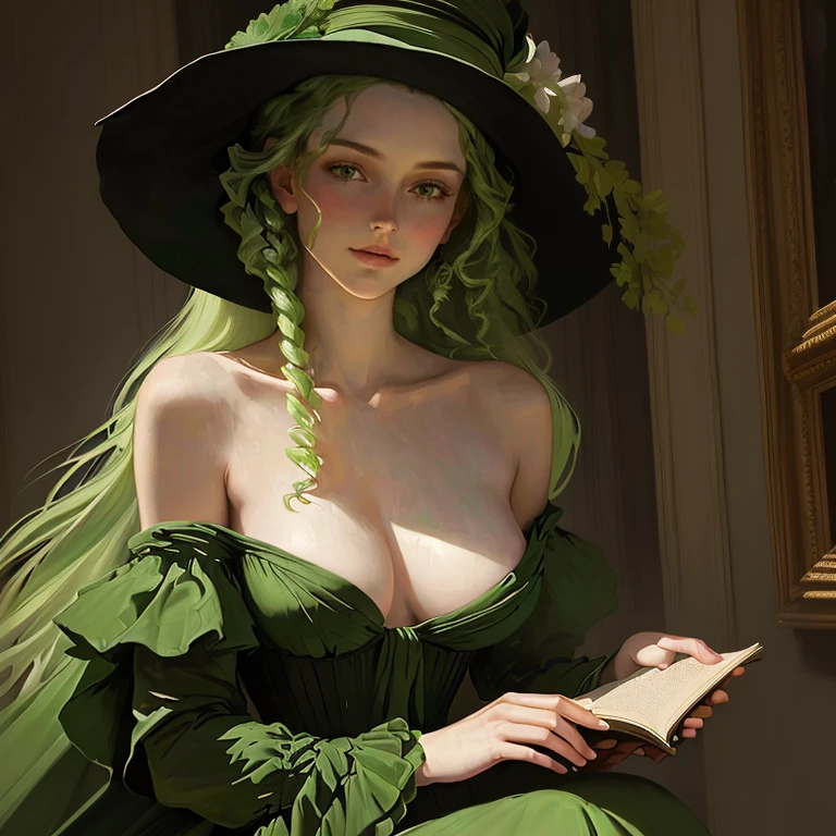 A picture.naked woman in green dress and black hat, Herbert James Gunn, based on the motifs of Henrik Semiradskogo, based on Howard Chandler Christie, elegant lady with alabaster skin, sensual painting, inspired by Pierre Auguste Cot, The Art of Édouard Bisson, в Carlo People, John Currin, Evgeniush Zak