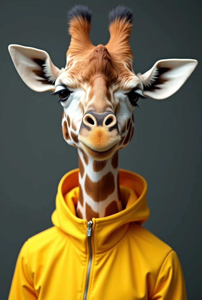 A giraffe in a yellow tracksuit